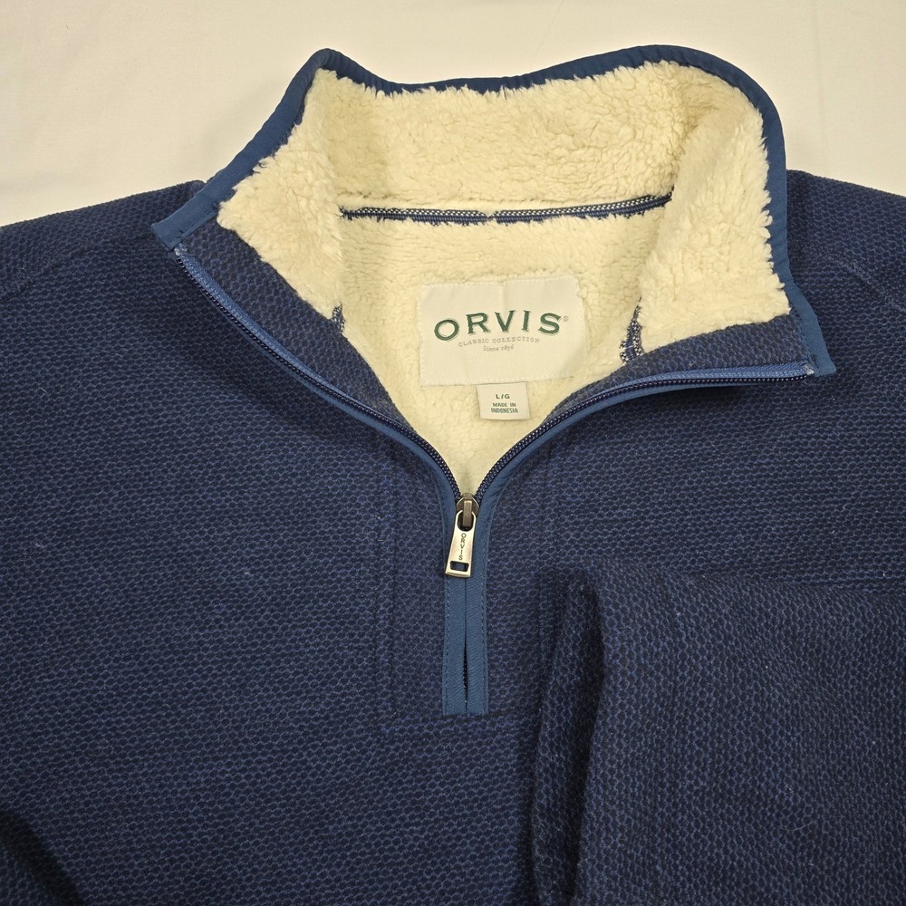 Orvis Mens Large Navy Blue Sherpa Lined Waffle Knit Quarter Zip Pullover Sweater
